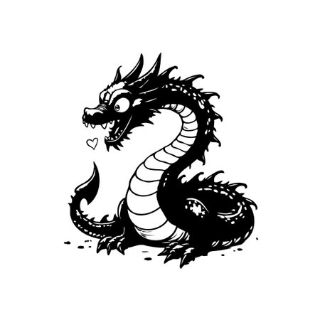 A playful and enchanting black and white illustration of a cartoon dragon, perfect for fantasy-themed designs or character art projects. The cute heart adds a touch of whimsy.のイラスト素材