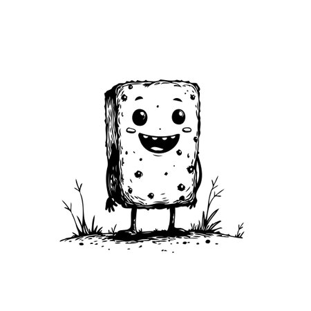A cute marshmallow character with a happy face stands in the grass. Black and white vector illustration, isolated on a white background.のイラスト素材