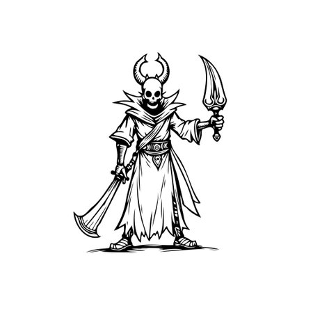 A detailed black and white illustration depicts a skeleton warrior armed with a sword and spear. The figure exudes a dark, gothic fantasy aesthetic. Ideal for thematic designs.のイラスト素材