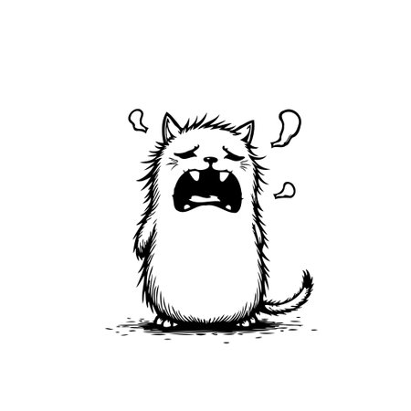 A cartoon cat expressing frustration with exaggerated facial expressions and steam coming from its head, isolated on a clean white background. The black and white drawing emphasizes the emotion.のイラスト素材