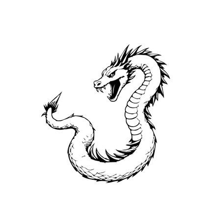 A striking black and white illustration of a dragon, embodying mythical power and ancient tales. Perfect for fantasy artwork or distinctive tattoo design.のイラスト素材