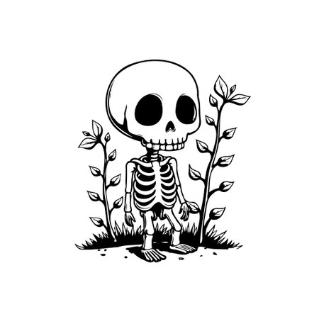 A whimsical cartoon skeleton is depicted amidst sprouting vines and leaves, rendered in a clean black and white illustration. Suitable for Halloween.のイラスト素材