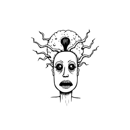 A bizarre monochrome illustration depicts a surreal humanoid figure. Its head is adorned with a strange, tentacled crown, creating a grotesque and fantastical aestheticのイラスト素材
