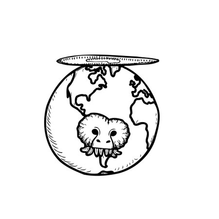 This conceptual illustration depicts the flat earth theory with a monster holding up the pancake-shaped disk. A humorous and surreal take on a controversial belief.のイラスト素材