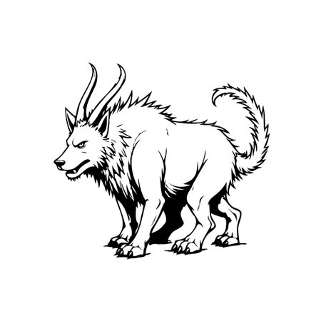 A black and white illustration showcases a mythical creature, a blend of wolf and goat, with menacing horns and sharp teeth, exuding a sense of wild danger and fantasy.のイラスト素材