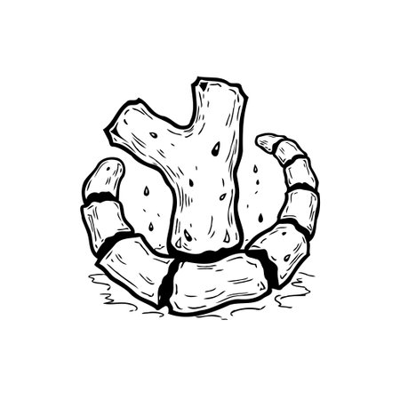 Monochrome drawing featuring a disjointed spine forming a circle around a vertebral column segment, creating a surreal and artistic representation of skeletal anatomy and body distress.のイラスト素材