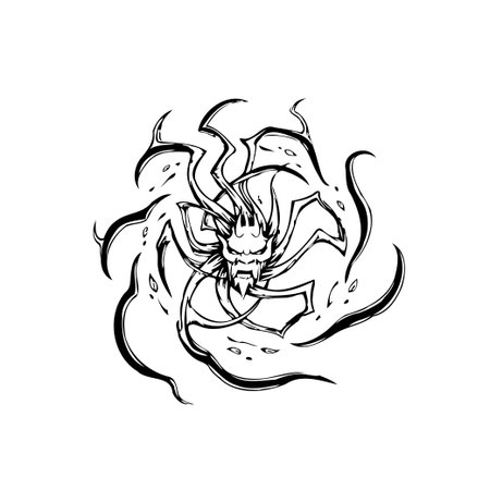 A striking black and white illustration featuring a stylized dragon surrounded by swirling elements, creating a dynamic and abstract design suitable for various creative applications.のイラスト素材