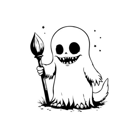 A cartoon illustration features a spooky yet cute ghost holding a torch, suitable for halloween projects and adding a fun touch to any design.のイラスト素材