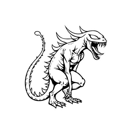 A black and white illustration of a creepy monster design with a tail, spikes, sharp teeth, and claws, perfect for Halloween-themed projects. Isolated on white backgroundのイラスト素材