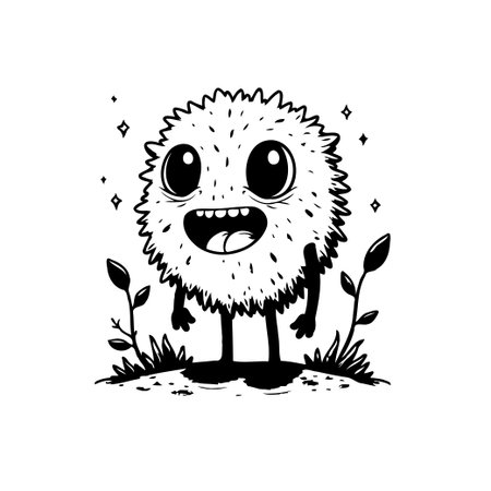 A delightful cartoon monster with big, expressive eyes and a cheerful toothy smile. The creature stands amidst stylized plants and sparkling stars, creating a whimsical and endearing scene.のイラスト素材