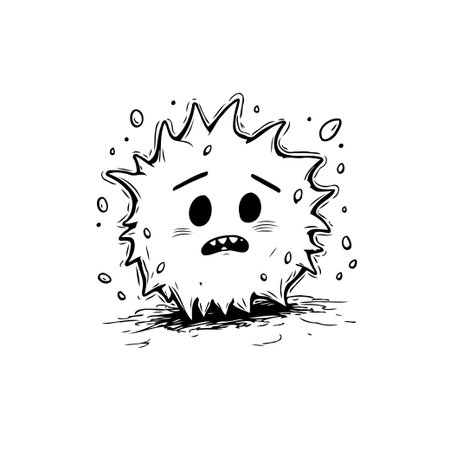 A minimalist black and white illustration showing a virus particle with expressive features, conveying anxiety, fear, and concern related to health crisis.のイラスト素材