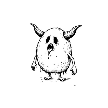 An egg-shaped monster with horns and drops. Black and white hand drawing vector design, perfect for illustrationのイラスト素材