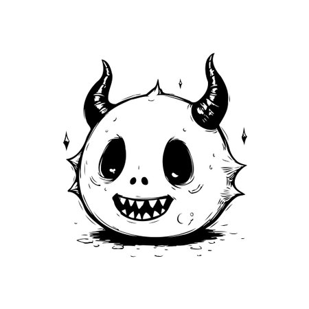 A whimsical, hand-drawn illustration of a cute monster with horns and a toothy smile, perfect for Halloween or fantasy-themed projects.のイラスト素材
