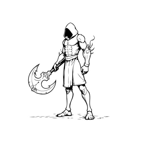 Illustration features a hooded warrior standing powerfully with a large axe, exuding strength and mystery, ideal for gaming or digital design concepts.のイラスト素材