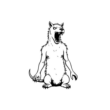 Monochrome illustration of a werewolf displaying both animalistic and human traits. Ideal for designs related to folklore, horror themes, or fantasy projects.のイラスト素材