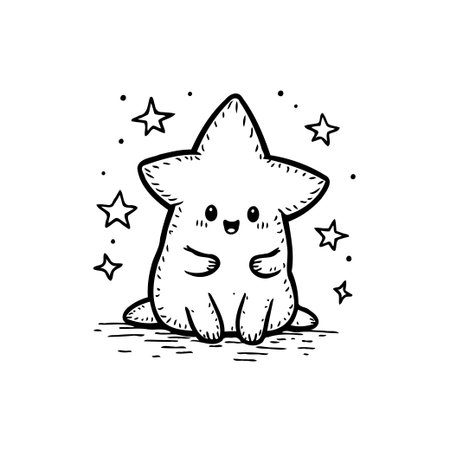 A charming kawaii-style star character stands out against a white backdrop, surrounded by whimsical stars. The hand-drawn illustration captures innocence and charm.のイラスト素材