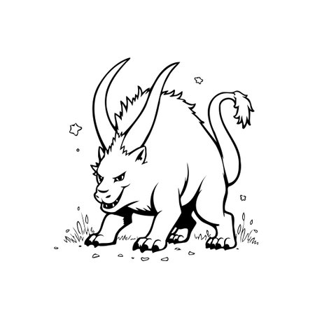 This black and white illustration depicts a unique mythical creature. With its imposing horns, fluffy tail, and animalistic features, it embodies a perfect blend of fantasy and design.のイラスト素材