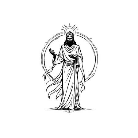 A monochrome vector illustration of Jesus Christ with a halo and robe, standing with open hands within a circular frame, representing faith and divinity.のイラスト素材