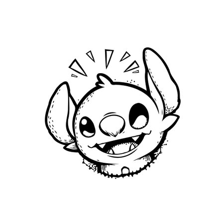 A delightful black and white illustration of stitch, the iconic alien character, winking with a playful expression and radiating charm.のイラスト素材