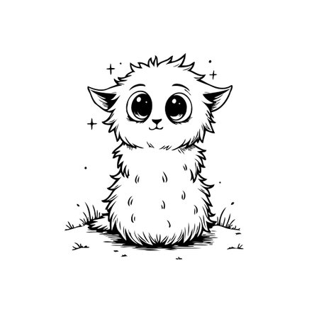 This whimsical illustration features an adorable fluffy creature with large, charming eyes. Rendered in black and white, it evokes a sense of magic and playfulness.のイラスト素材