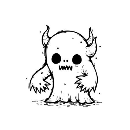 A cartoon illustration of a cute and spooky cartoon monster with horns standing isolated on a white background with shadows.のイラスト素材