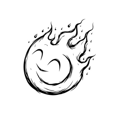 A simple hand-drawn illustration features a stylized flaming ball with a happy face. The design captures a playful representation of fire.のイラスト素材