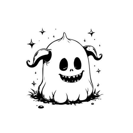An adorable Halloween ghost illustration ready to bring a touch of charm to spooky season designs, featuring a friendly face and starry accents, suitable for invitations or festive decorations.のイラスト素材