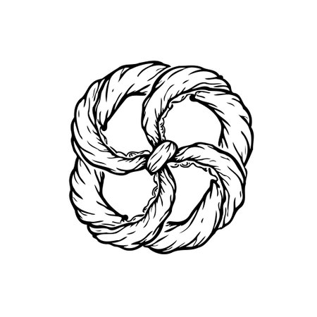A detailed hand-drawn illustration of a four loop pretzel, emphasizing its twisted shape and textured surface. Perfect for designs related to food, baking, or cultural themes.のイラスト素材