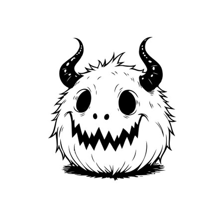 This is a whimsical cartoon illustration of a fluffy monster with horns and a big, toothy smile. The black and white design gives it a simple and cute appeal, perfect for Halloween or children's projects.のイラスト素材