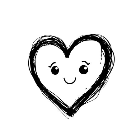 A sweet and charming heart drawing with a happy face, perfect for expressing love, affection, and joy. This sketch style illustration is ideal for Valentine's Day designs.のイラスト素材