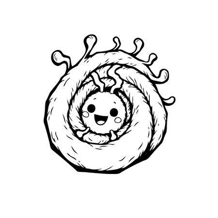A whimsical cartoon illustration of a cute germ or virus character emerging from an abstract spiral shape, perfect for science or health-related content.のイラスト素材