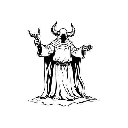 A monochrome illustration shows a hooded, horned figure holding a ritual dagger. The artwork features dark and mystical themes, creating an atmosphere of mystery and supernatural elements.のイラスト素材