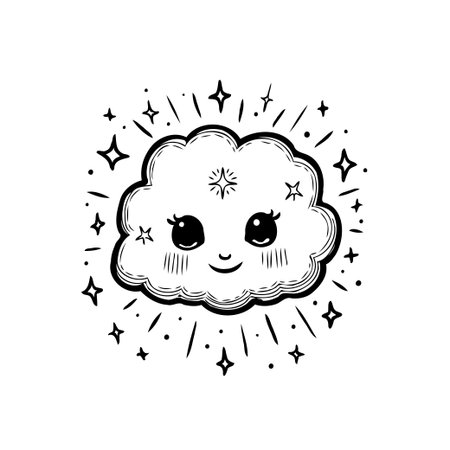 A charming illustration of a kawaii-style cloud character surrounded by sparkling stars. This cute and whimsical design exudes innocence and joy, suitable for various creative projects.のイラスト素材