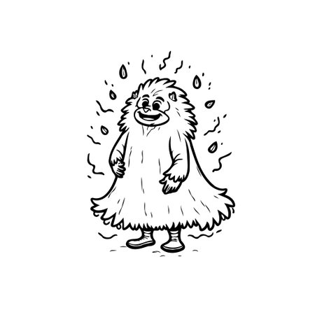 A cheerful shaggy monster character stands happily in the rain. This black and white cartoon illustration is perfect for children's books.のイラスト素材