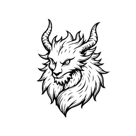 Detailed black and white illustration of a mythical creature head. Perfect for fantasy art, tattoos, or graphic design projects needing a dark and elegant touch.のイラスト素材