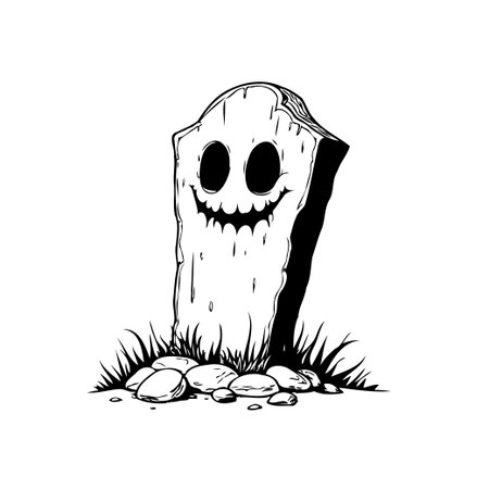 A spooky tombstone with a grinning face, perfect for Halloween-themed designs. This illustration brings a ghostly touch to decorations and artwork.のイラスト素材