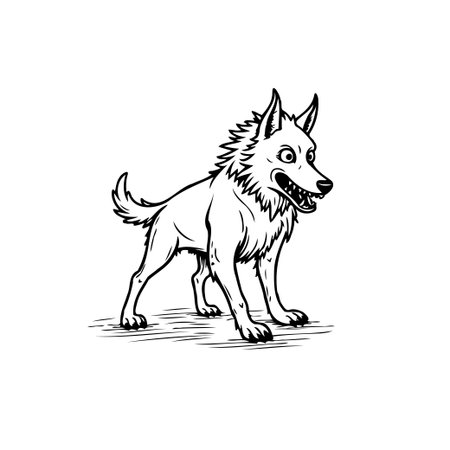 A whimsical black and white illustration of a dog with expressive eyes, stylized fur, and an alert posture, creating a cute and unique character.のイラスト素材