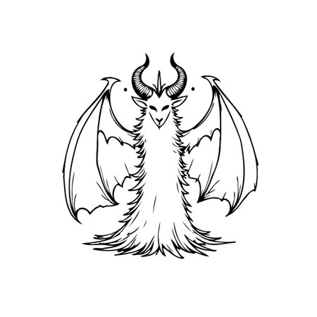 An enigmatic horned creature with bat-like wings a captivating fantasy drawing ready for coloring book illustration and artistic interpretations, and creating a unique atmosphere.のイラスト素材