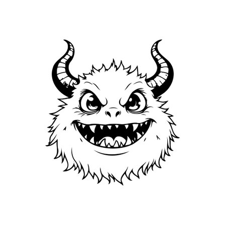 A black and white illustration shows a grinning monster face with horns, expressing a playful and cheerful design, perfect for creative projects.のイラスト素材