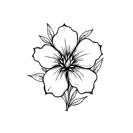 A detailed black and white botanical illustration of a flower, showcasing delicate petals and leaves with fine line work and elegant design.のイラスト素材