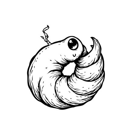 This monochrome cartoon illustration depicts a cute worm character with big eyes and a joyful smile. It is perfect for childish designs and playful projects.のイラスト素材