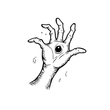 A surreal and creepy illustration depicts a hand with an eye embedded in its palm, creating an uncanny and bizarre effect.のイラスト素材