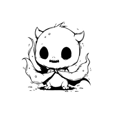 A captivating black and white illustration of a cute monster with small horns and a cape, perfect for adding a touch of spooky charm to your projects.のイラスト素材
