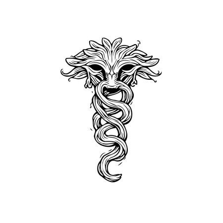 An ornate emblem featuring a leafy face and entwined serpent, evoking a sense of ancient wisdom, nature, and mystical allure in a vintage style illustration.のイラスト素材