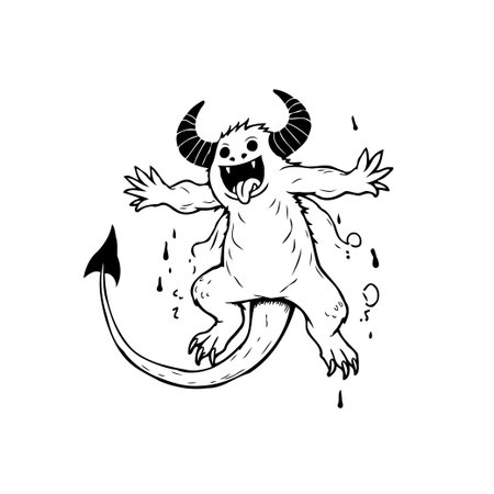 A black and white cartoon illustration depicts a cheerful, horned monster happily jumping with its tongue sticking out, conveying playfulness and whimsy.のイラスト素材