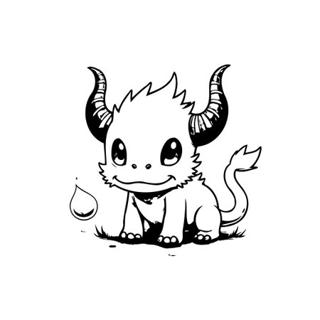 An adorable cartoon dragon with big eyes and horns, perfect for children's book illustrations or coloring pages. Its simple design makes it an ideal mascot.のイラスト素材