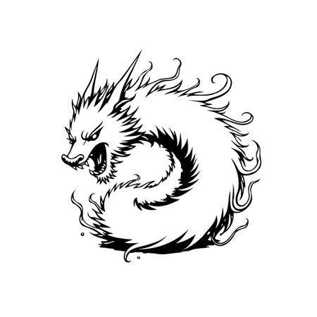 A striking monochrome illustration of a Chinese dragon, embodying strength and mysticism. Perfect for tattoo designs, decorative art, and cultural representations, capturing the essence of ancient oriental legends.のイラスト素材