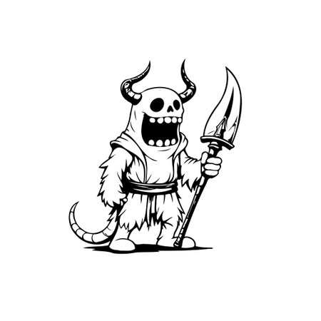 A cartoon style drawing presents a horned monster wielding a spear. The monochrome illustration blends spooky and playful elements for a fun fantasy design.のイラスト素材