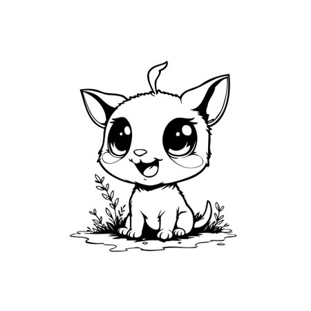 A charming black and white illustration features a cute kitten with large, expressive eyes, seated in a whimsical garden setting, perfect for endearing designs.のイラスト素材