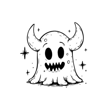 A cute and spooky ghost with horns and a smile, ideal for Halloween season design projects and decorations. Cartoon drawing style with vector art.のイラスト素材